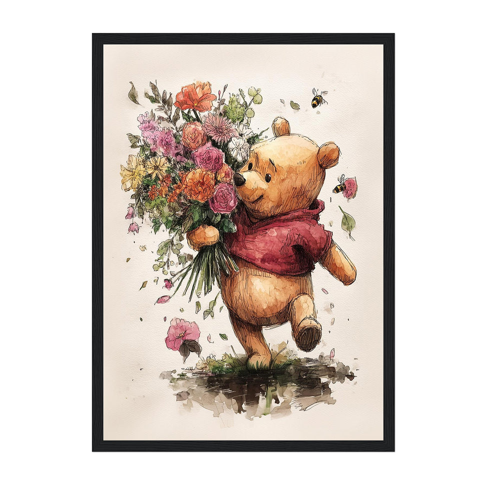 Framed artwork of Winnie the Pooh  holding flowers on a beige background