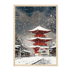 Japanese Winter Pagoda Art Print: Red Temple Snowfall in Kyoto Street Scene