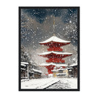 Japanese Winter Pagoda Art Print: Red Temple Snowfall in Kyoto Street Scene