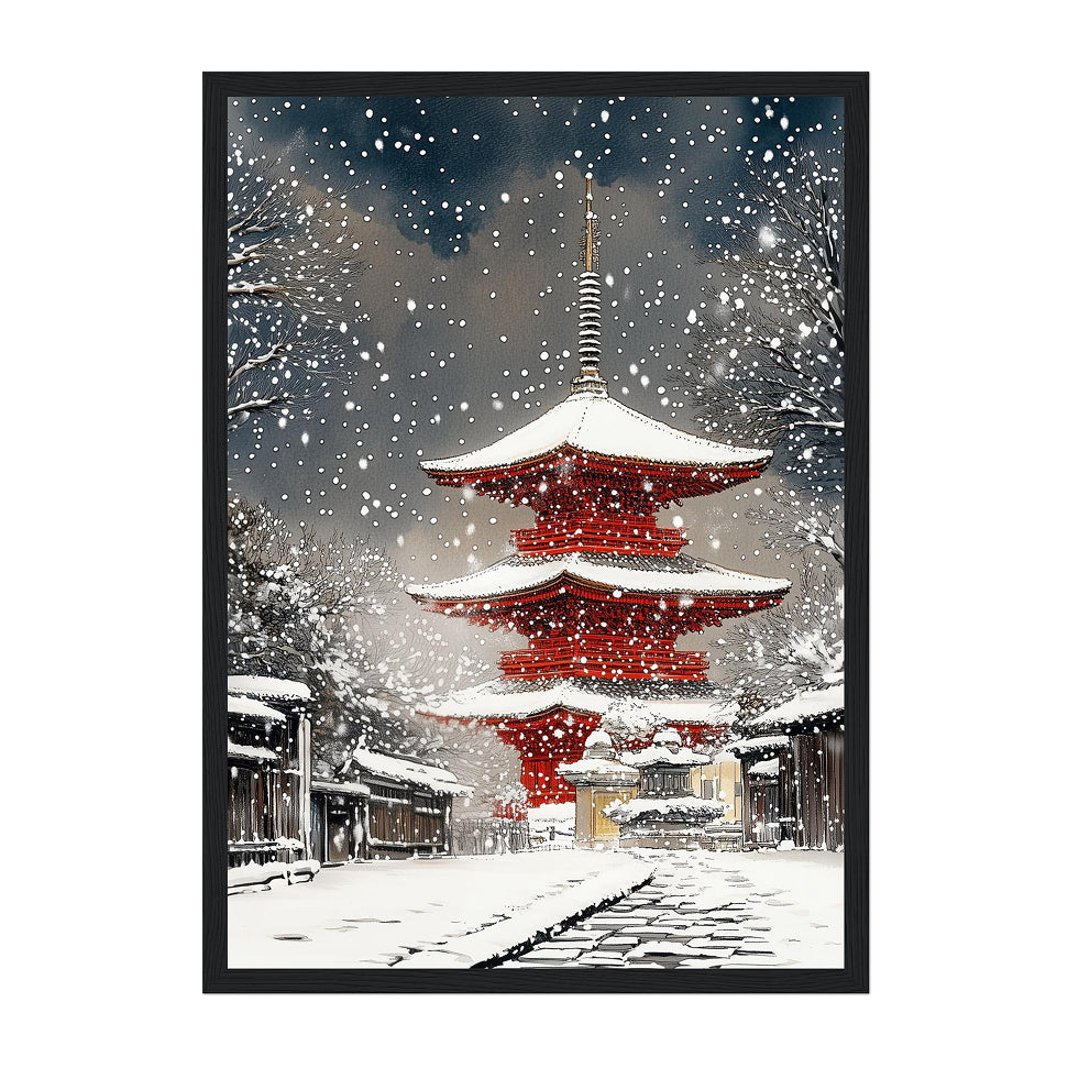 Japanese Winter Pagoda Art Print: Red Temple Snowfall in Kyoto Street Scene