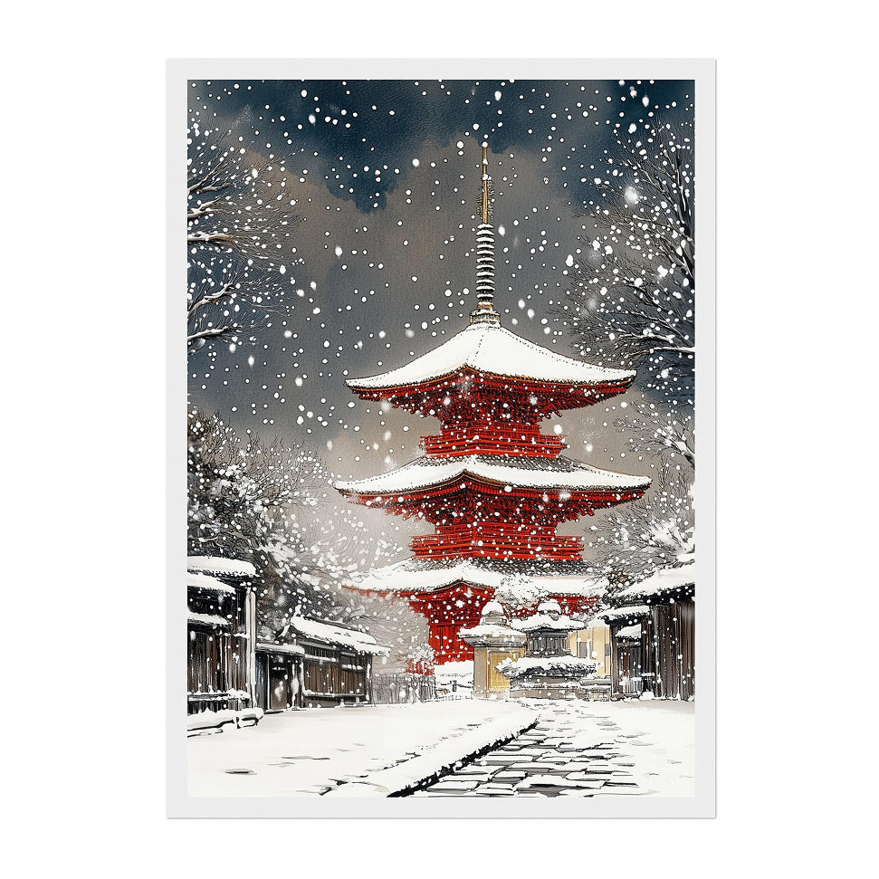 Japanese Winter Pagoda Art Print: Red Temple Snowfall in Kyoto Street Scene