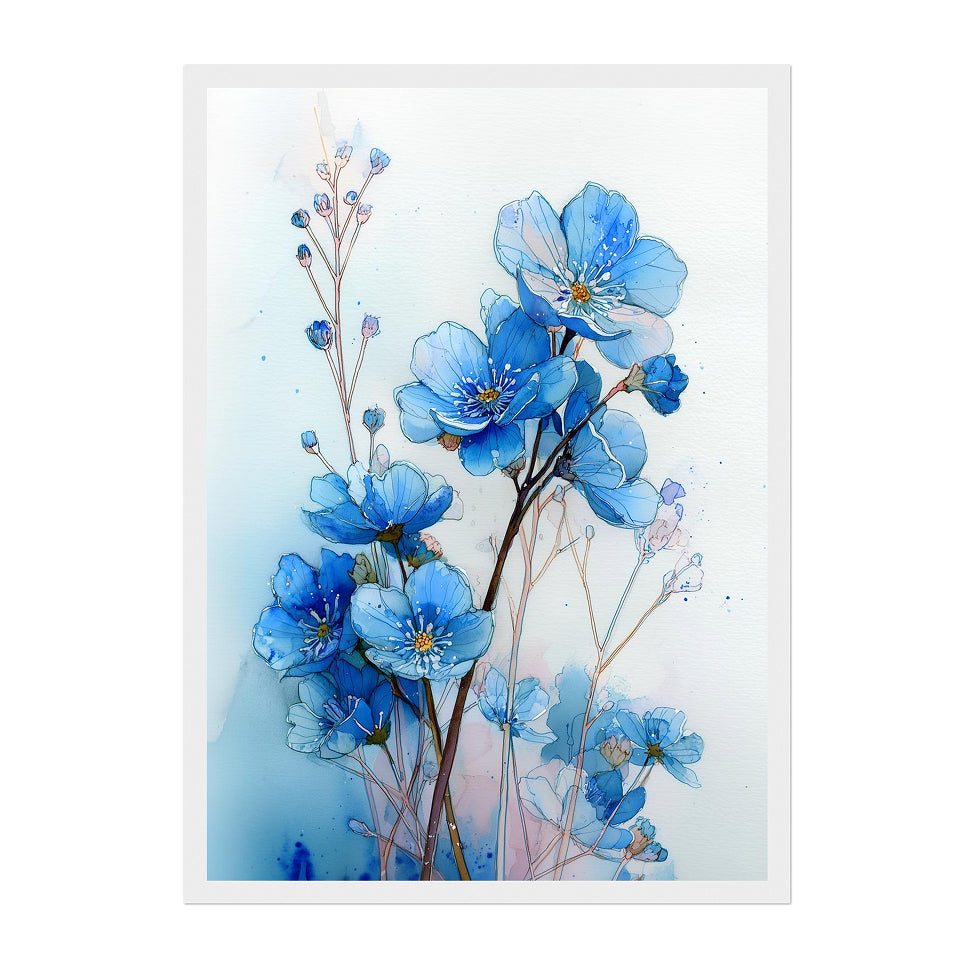 Watercolor Forget Me Not Flower Art Print: Soft Blue Floral Botanical Scene