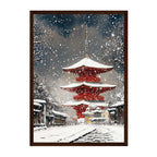 Japanese Winter Pagoda Art Print: Red Temple Snowfall in Kyoto Street Scene