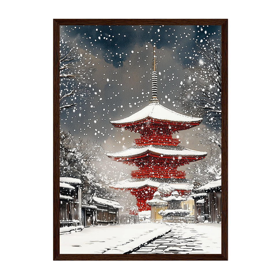 Japanese Winter Pagoda Art Print: Red Temple Snowfall in Kyoto Street Scene