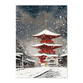 Red pagoda in a snowy landscape with falling snow.