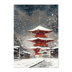 Red pagoda in a snowy landscape with falling snow.