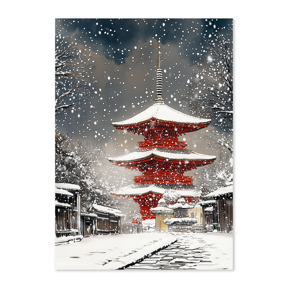 Red pagoda in a snowy landscape with falling snow.