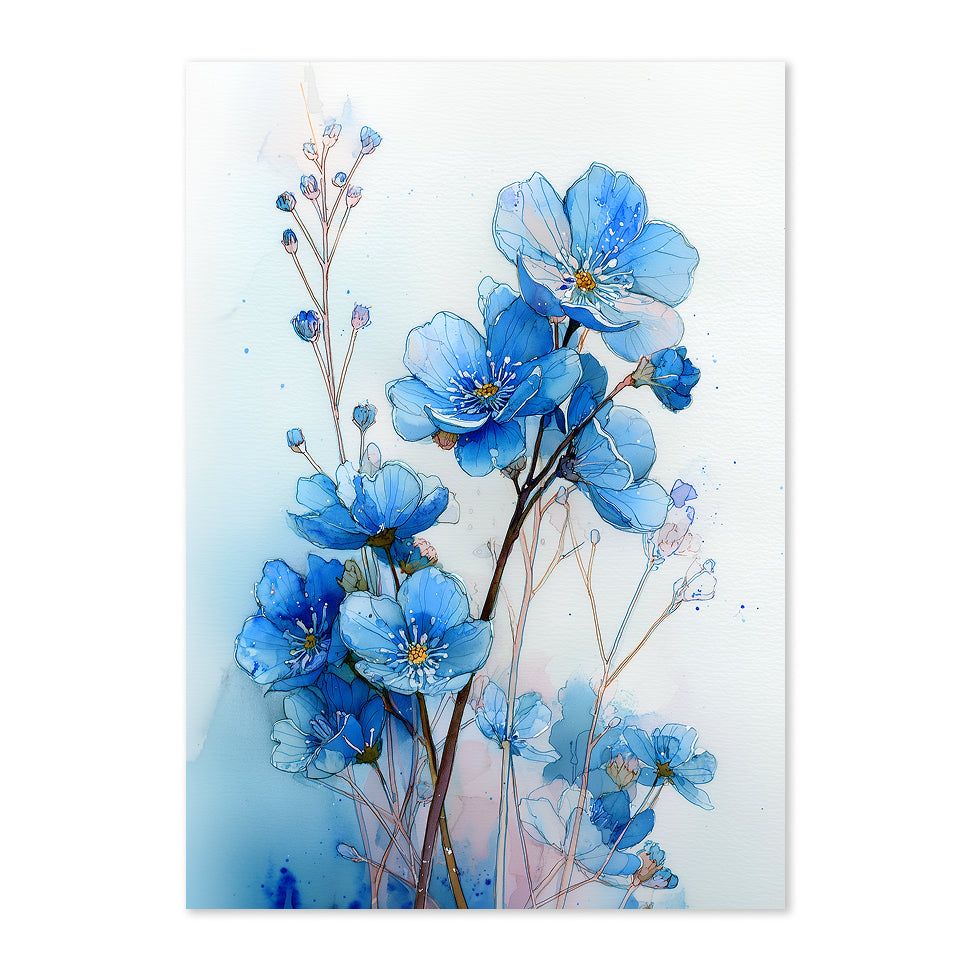 Artistic illustration of blue flowers on a light background