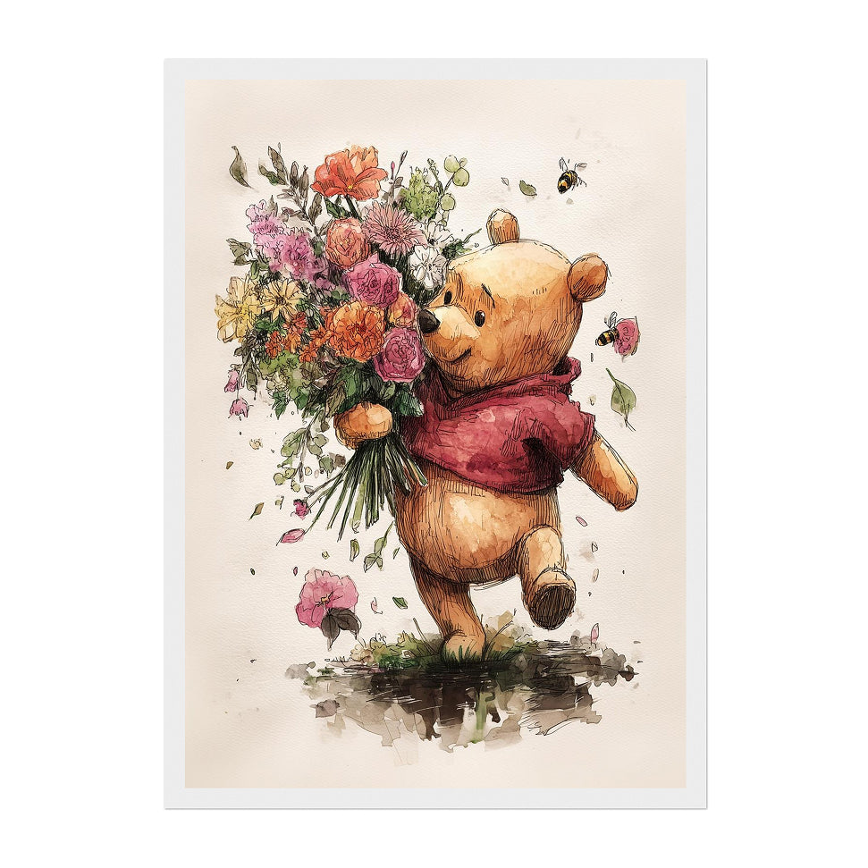 Illustration of Winnie the Pooh holding flowers on a beige background