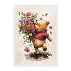 Illustration of Winnie the Pooh holding flowers on a beige background