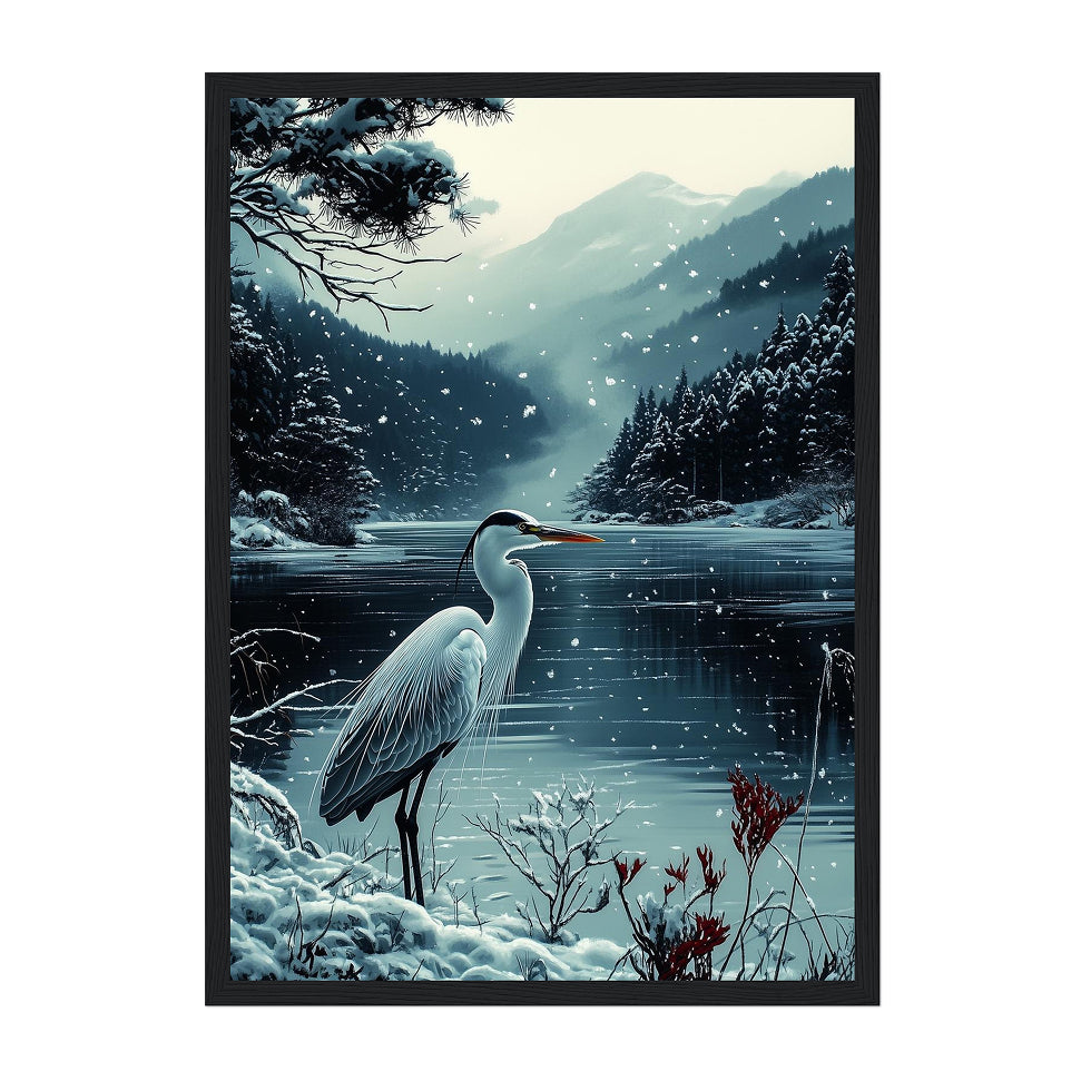 Snowy Heron Japanese Art Print: Winter Lake Landscape