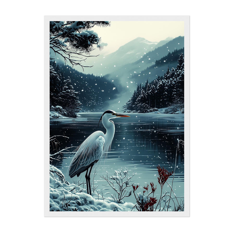 Snowy Heron Japanese Art Print: Winter Lake Landscape