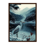 Snowy Heron Japanese Art Print: Winter Lake Landscape