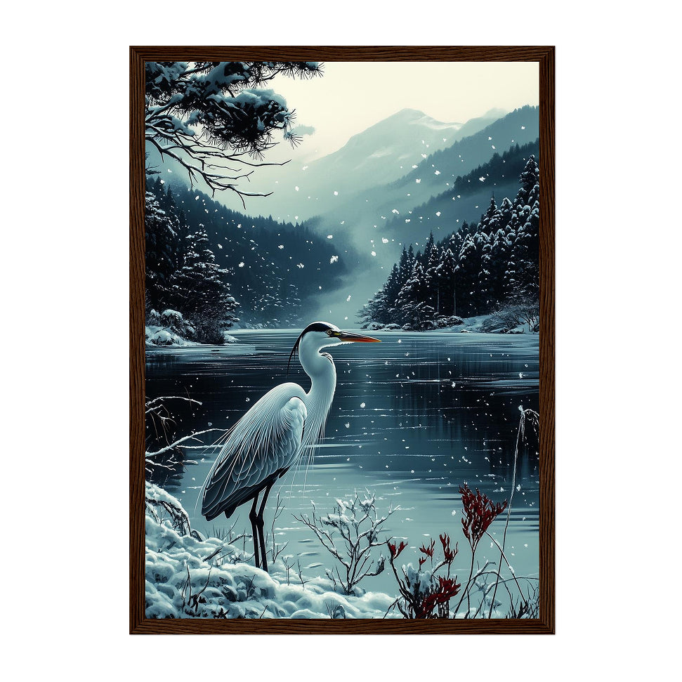 Snowy Heron Japanese Art Print: Winter Lake Landscape