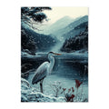 Snowy landscape with a heron standing on a snowy bank near a lake, surrounded by trees and mountains.