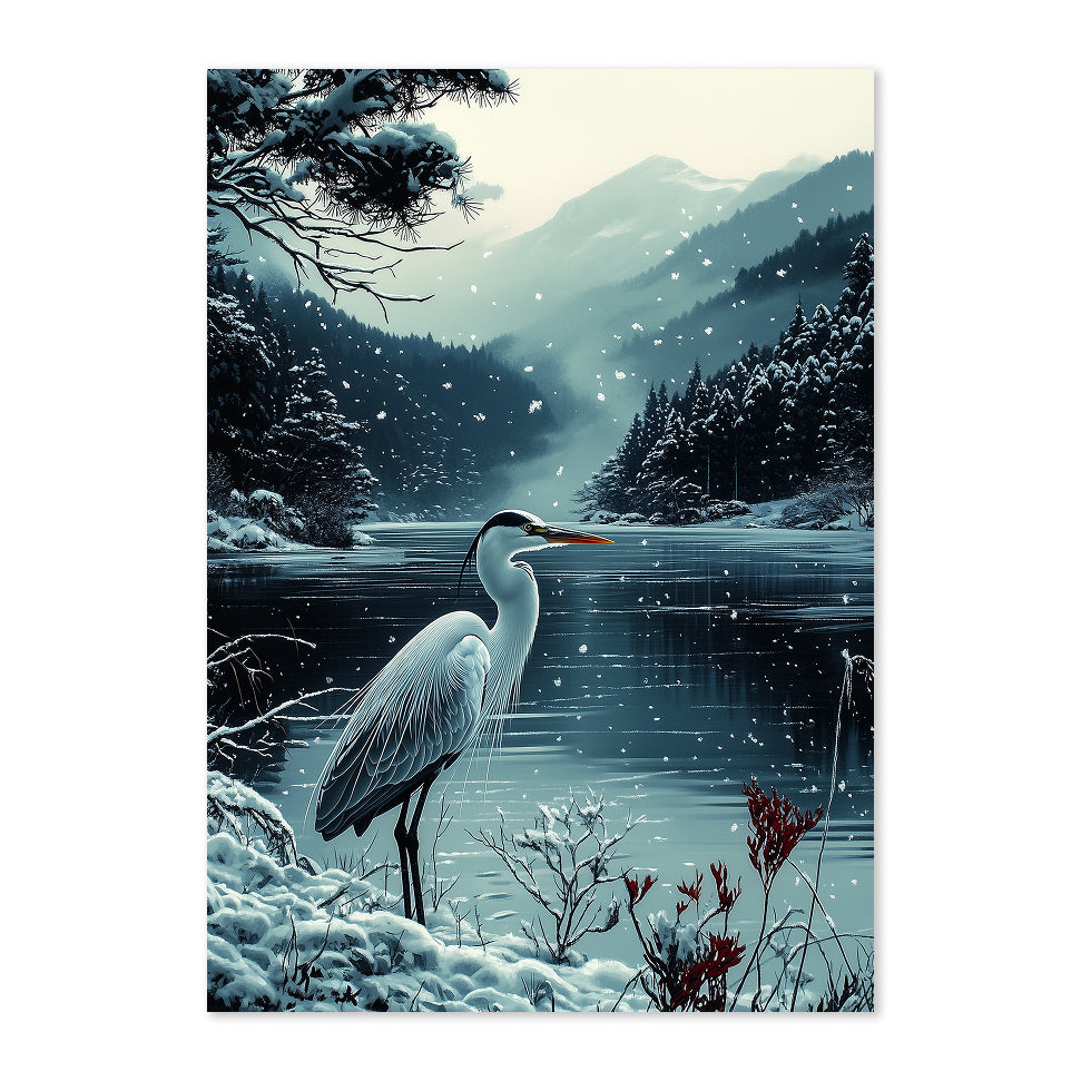 Snowy landscape with a heron standing on a snowy bank near a lake, surrounded by trees and mountains.