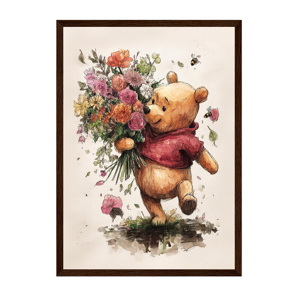 Illustration of Winnie the Pooh holding flowers in a wooden frame