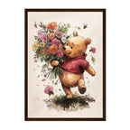 Illustration of Winnie the Pooh holding flowers in a wooden frame