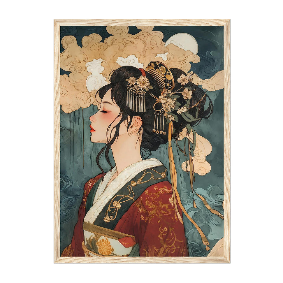 Japanese Portrait Art Print: Teal Gold Elegant Kimono Profile Scene