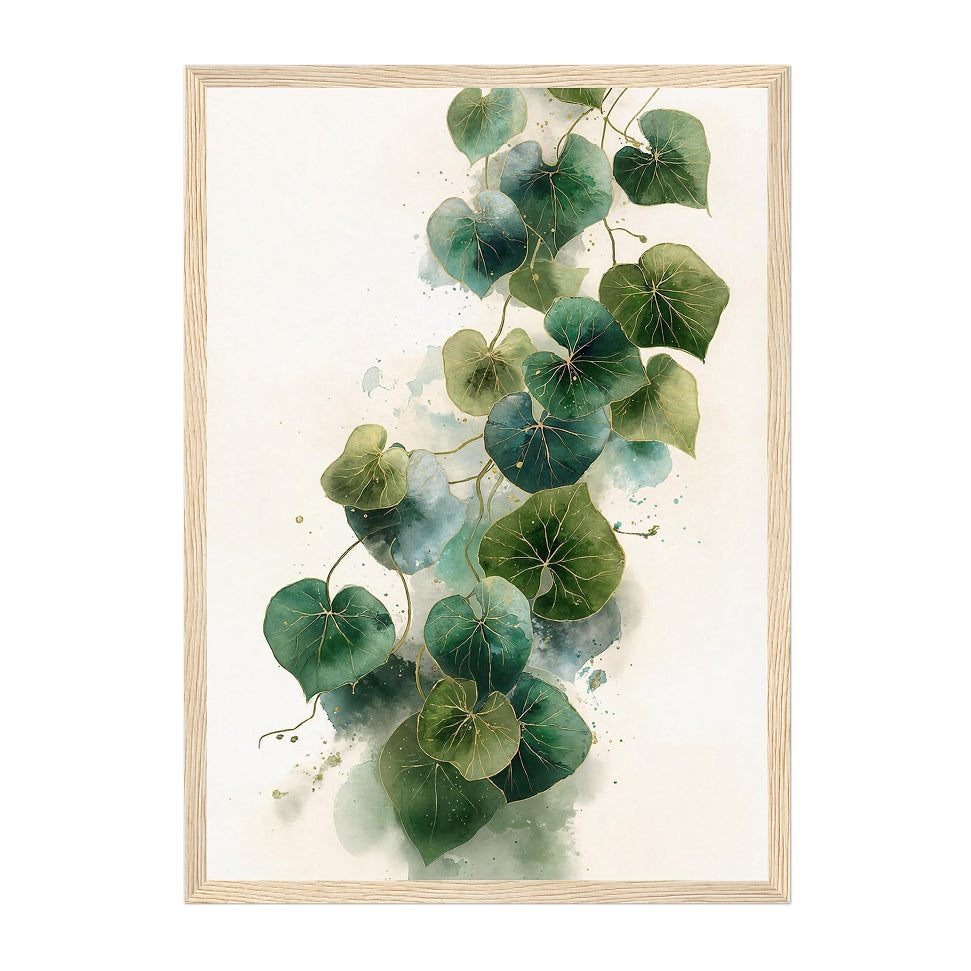 Botanical Watercolor Nasturtium Vine Art Print: Green Gold Calm Vertical Foliage