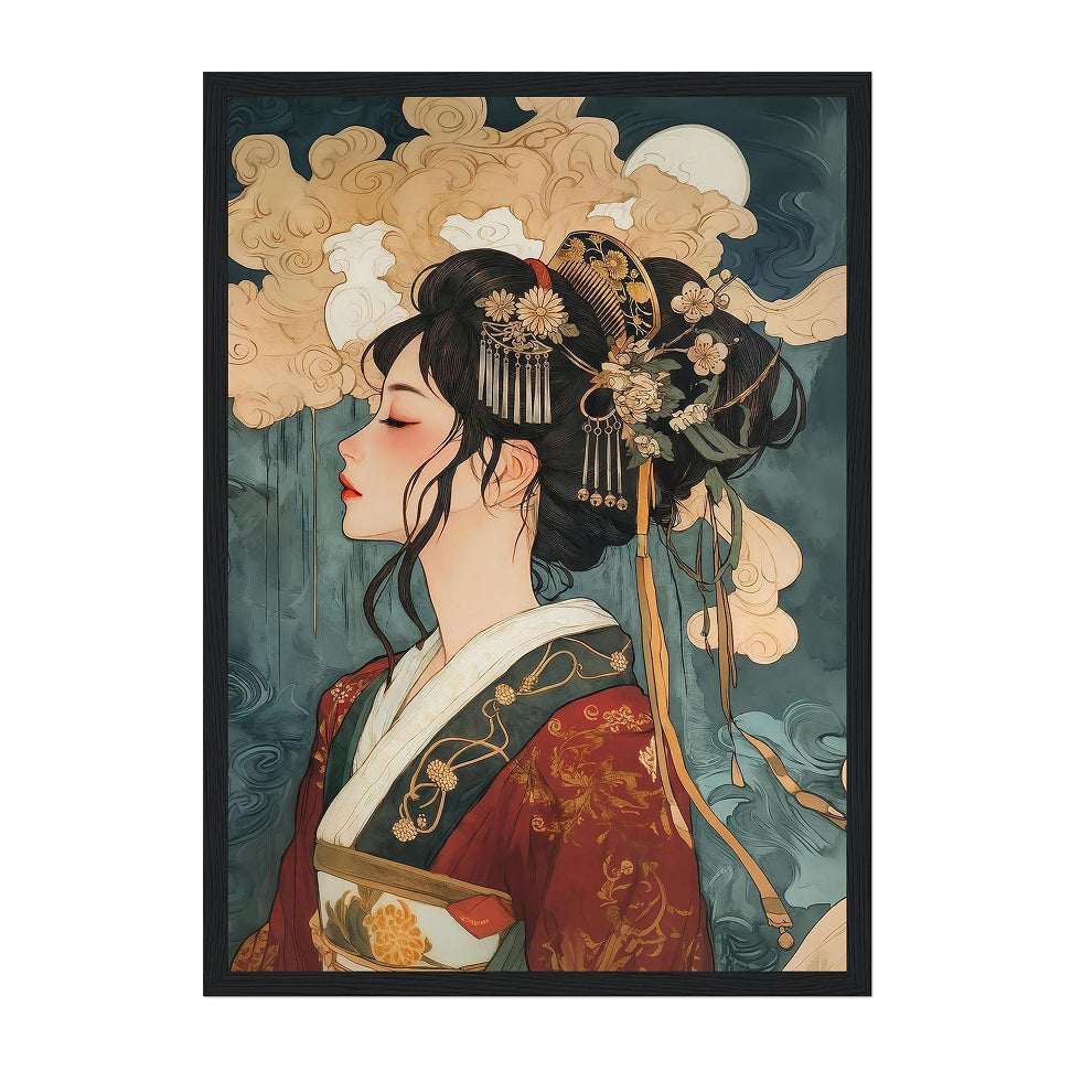 Japanese Portrait Art Print: Teal Gold Elegant Kimono Profile Scene