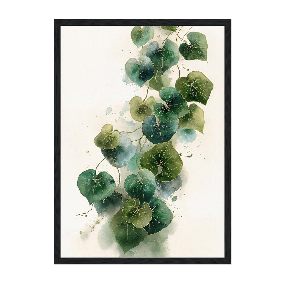 Botanical Watercolor Nasturtium Vine Art Print: Green Gold Calm Vertical Foliage
