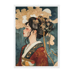 Japanese Portrait Art Print: Teal Gold Elegant Kimono Profile Scene