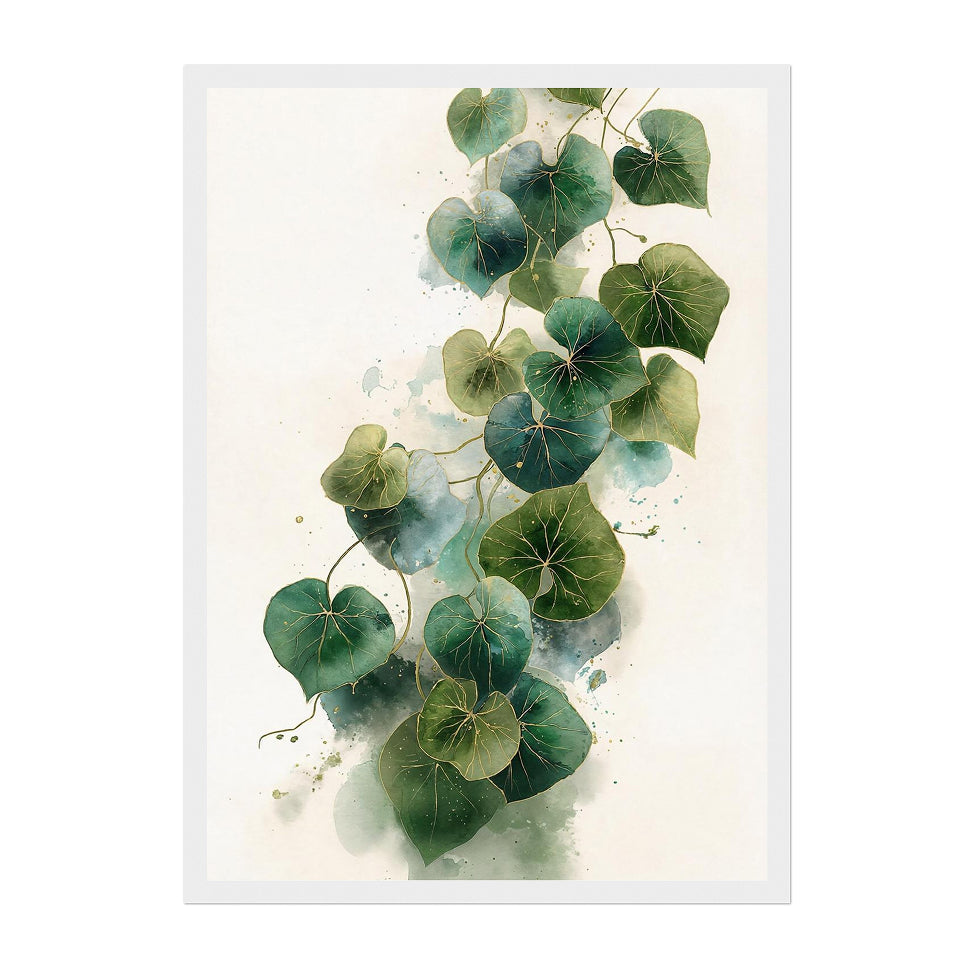 Botanical Watercolor Nasturtium Vine Art Print: Green Gold Calm Vertical Foliage