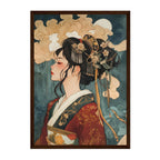 Japanese Portrait Art Print: Teal Gold Elegant Kimono Profile Scene