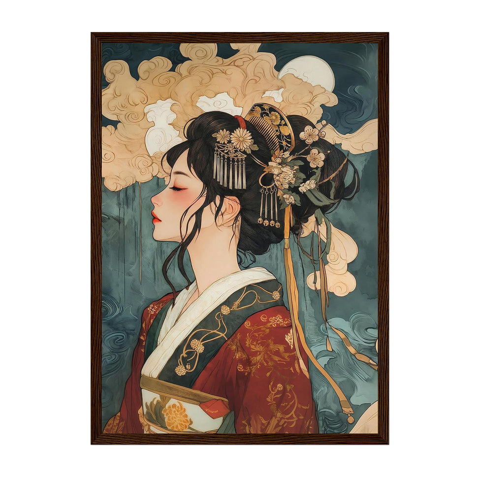 Japanese Portrait Art Print: Teal Gold Elegant Kimono Profile Scene