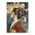 Illustration of a woman in traditional attire with decorative hair accessories on a dark background