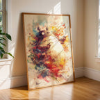 A framed vertical watercolor painting of Totoro from My Neighbor Totoro leaning against a beige wall in a sunlit room with wood floors and windows.