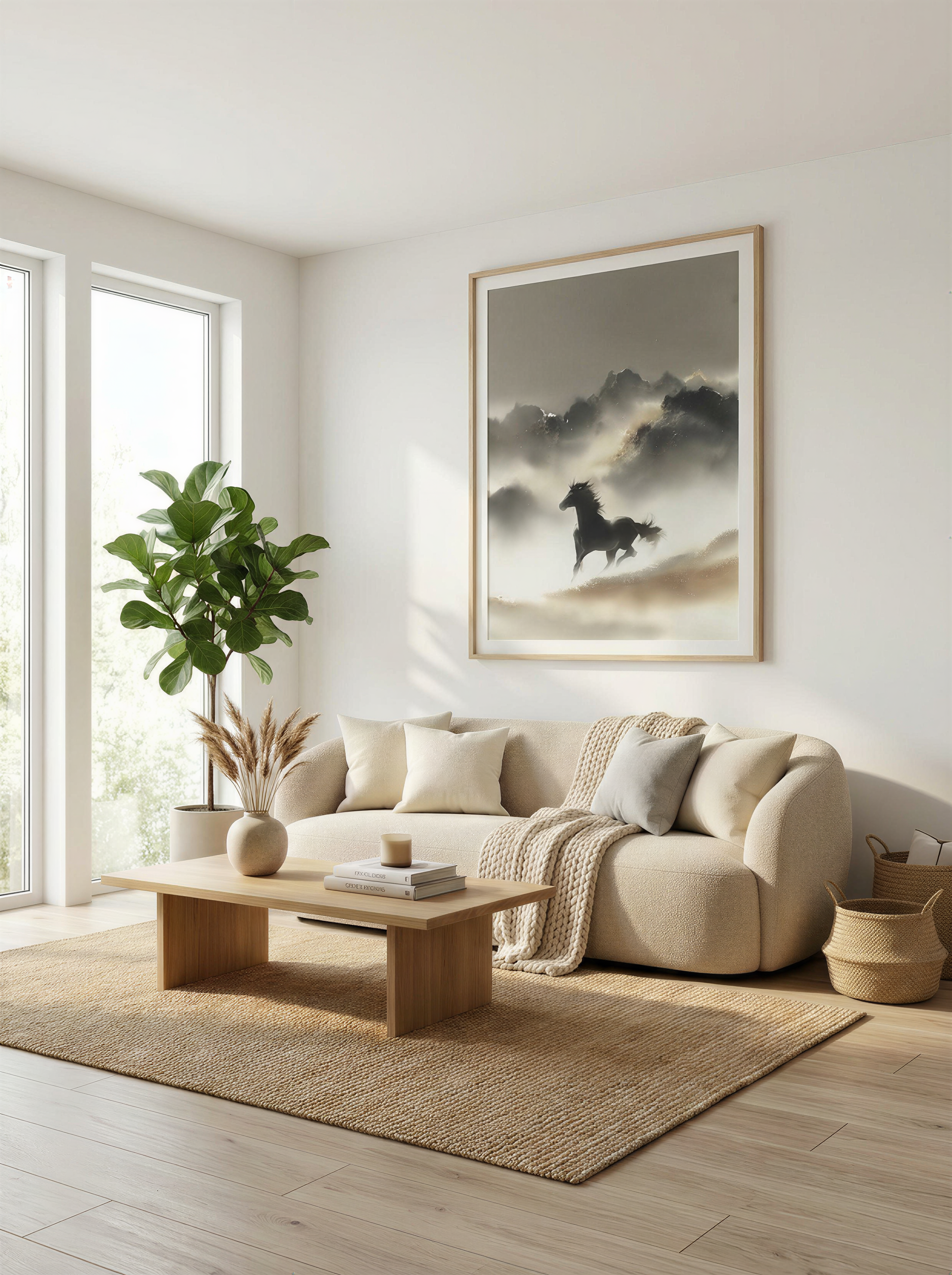 Minimalist Ink Wash Horse Art Print: Soft Neutrals Serene Wild Landscape