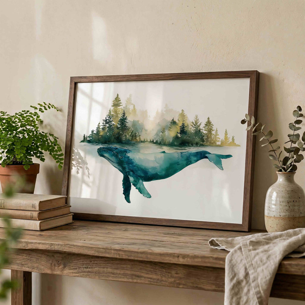 A framed watercolor art print of a blue-green whale swimming in front of a forest, styled on a rustic wooden table with books, a potted plant, and a ceramic vase against a textured beige wall.