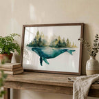 A framed watercolor art print of a blue-green whale swimming in front of a forest, styled on a rustic wooden table with books, a potted plant, and a ceramic vase against a textured beige wall.
