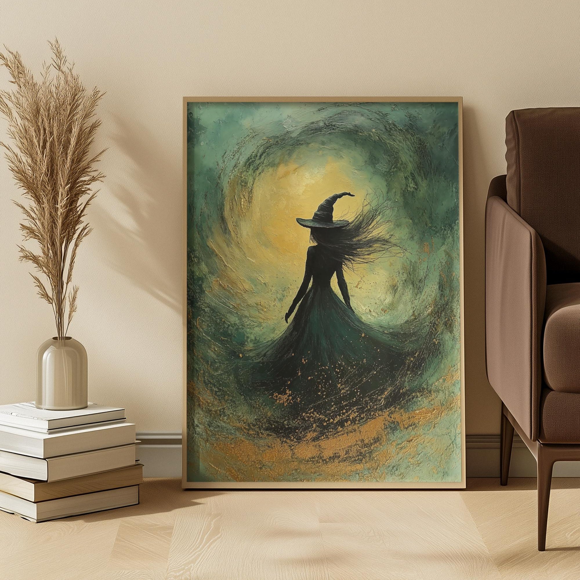 Framed artwork of a witch in a long dress with a hat in a room with a couch and decorative items.