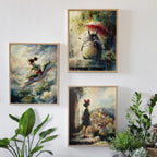 Three framed artworks on a wall with plants around
