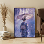 Japanese Watercolor Woman Art Print: Lavender Kimono Under Wisteria Glow