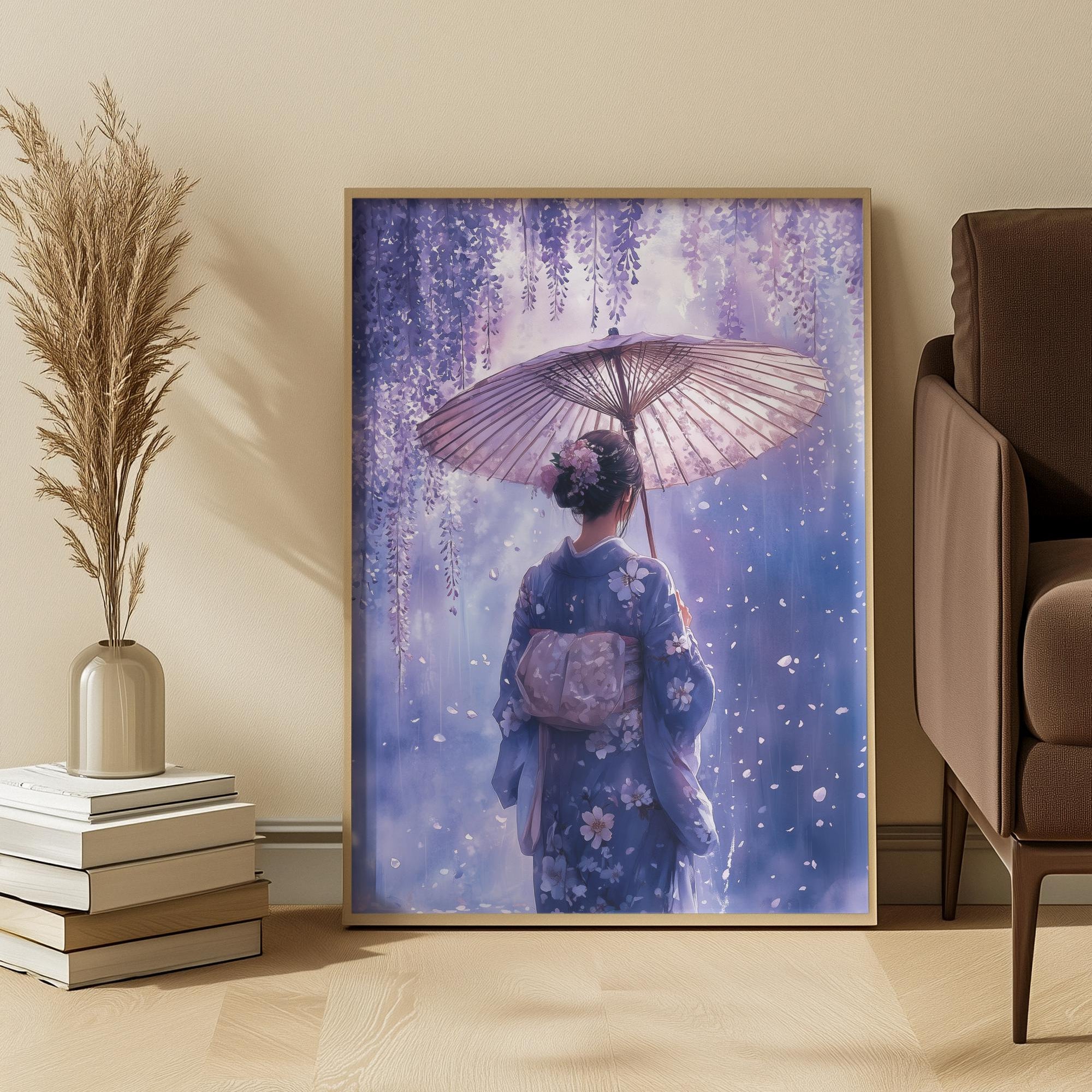 Japanese Watercolor Woman Art Print: Lavender Kimono Under Wisteria Glow