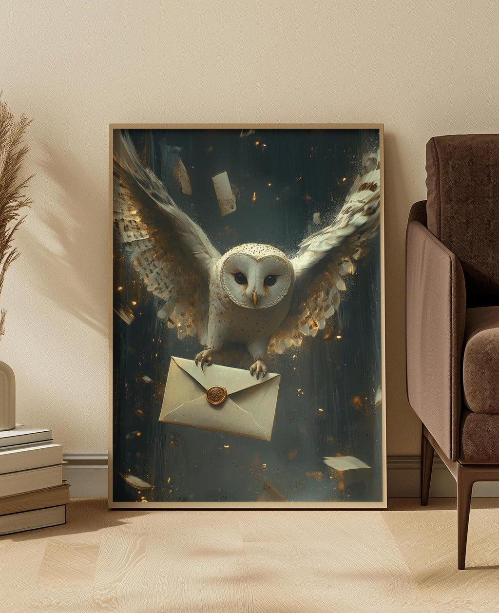 Hogwarts Letter Owl Art Print: Enchanted Midnight Flight With Golden Glow And Wizarding Fantasy Mood