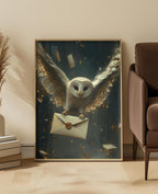 Hogwarts Letter Owl Art Print: Enchanted Midnight Flight With Golden Glow And Wizarding Fantasy Mood