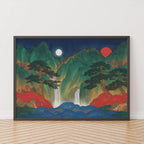 Framed artwork of a mountain landscape with trees and waterfalls on a white wall.