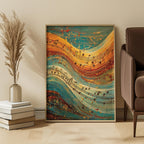 Colorful abstract art piece on a wall in a living room setting
