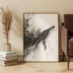 Framed artwork of a whale on a wall in a room with decor elements.