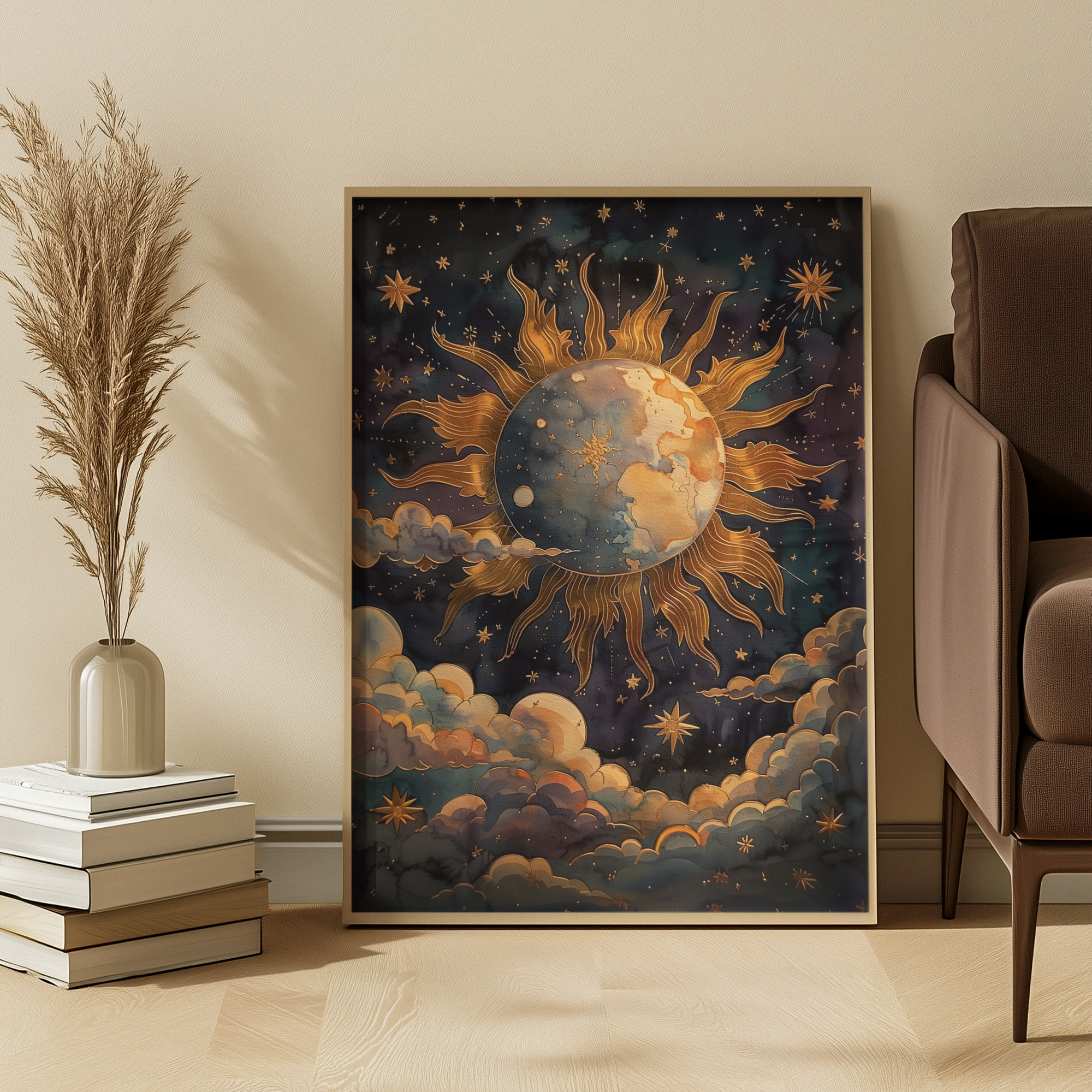 Celestial Earth Sun Art Print: Gold Cosmic Night Sky Vintage Scene