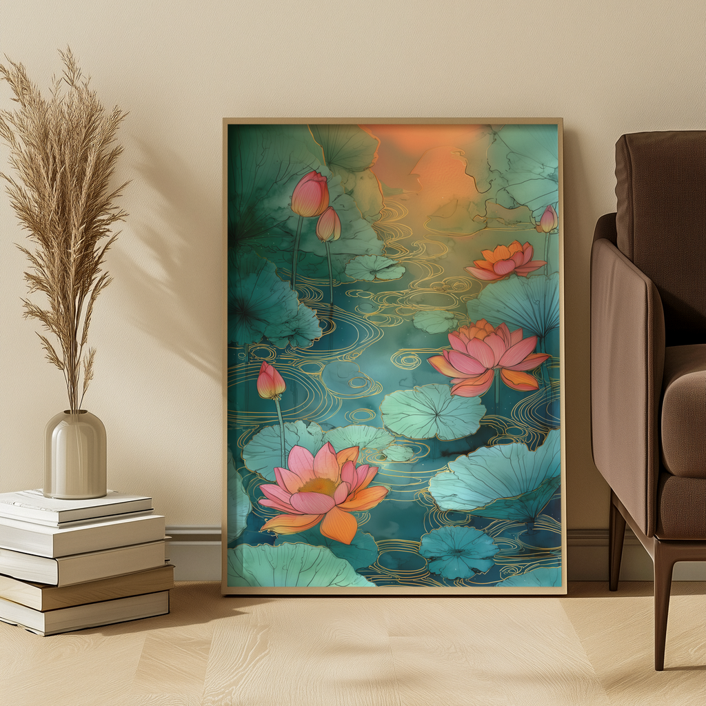 Framed artwork of lotus flowers in a living room setting