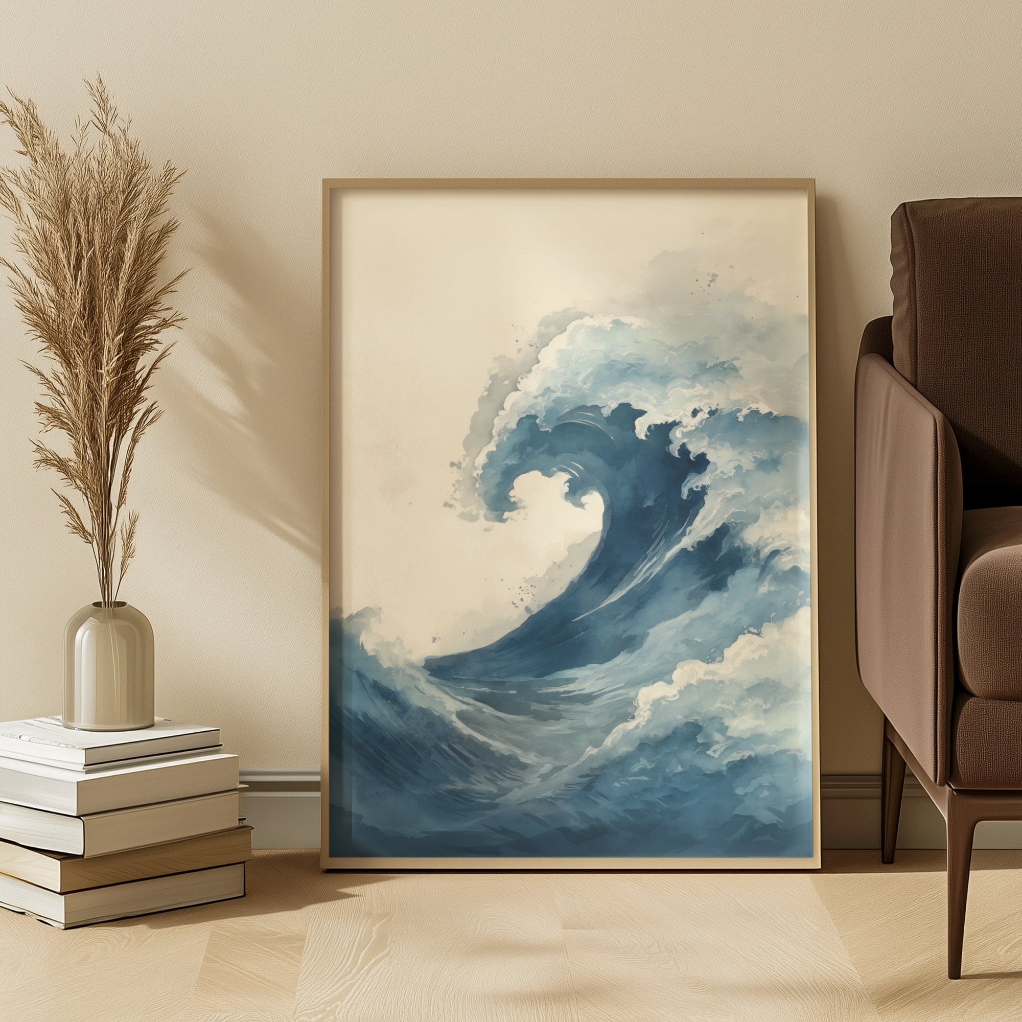 Framed artwork of a blue wave in a room with decor elements.
