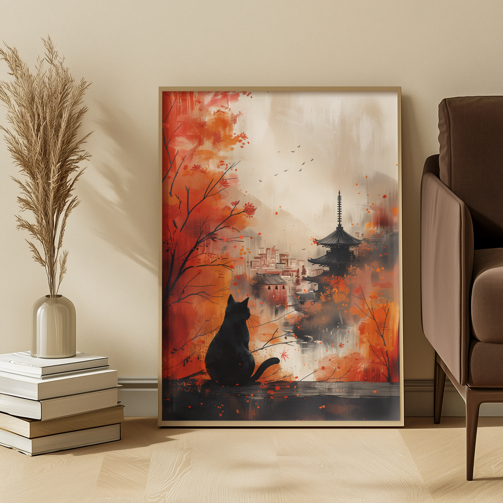 Framed artwork of a cat in an autumnal setting with a pagoda, placed on a floor in a room.
