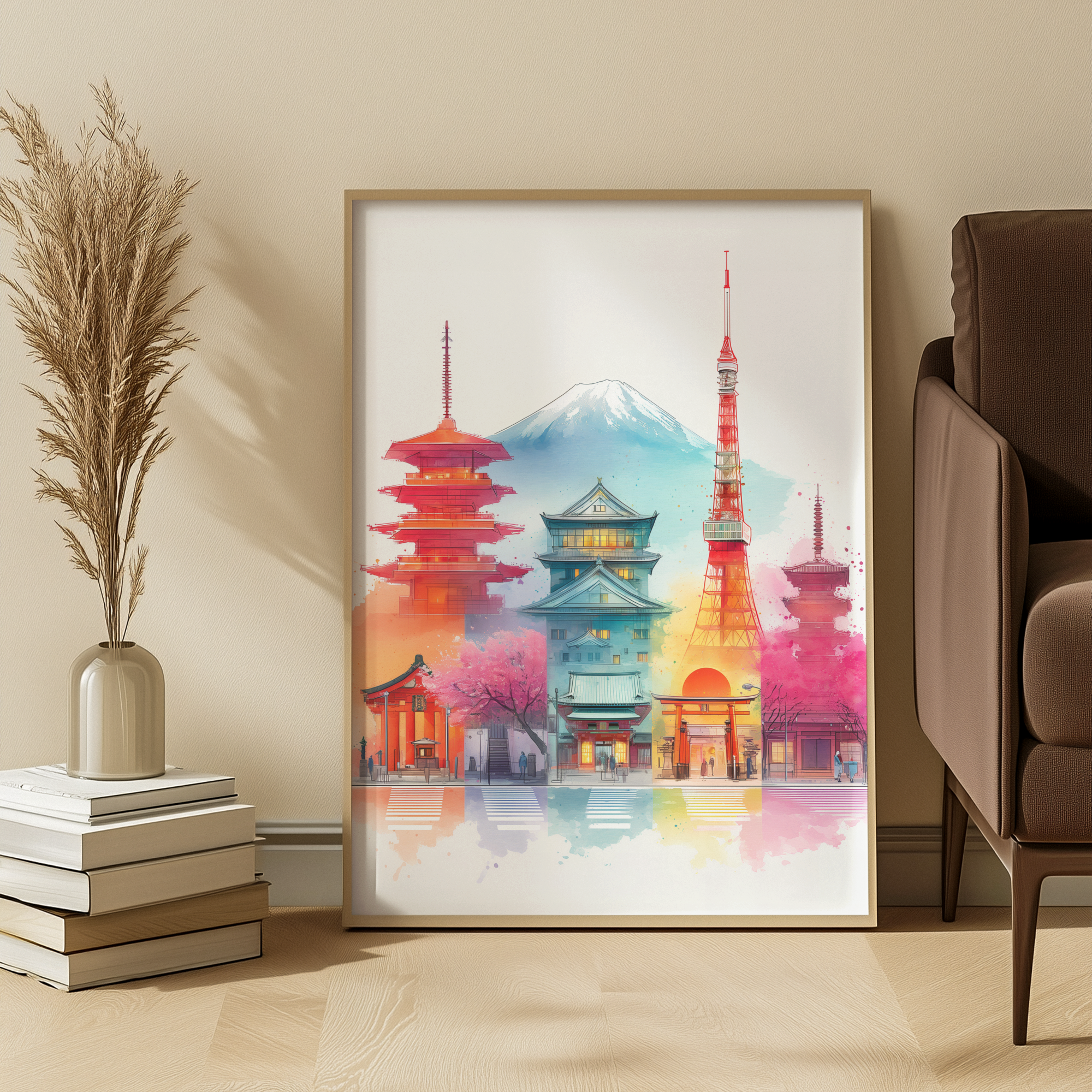 Framed artwork of a colorful cityscape with traditional Japanese architecture in a living room setting.
