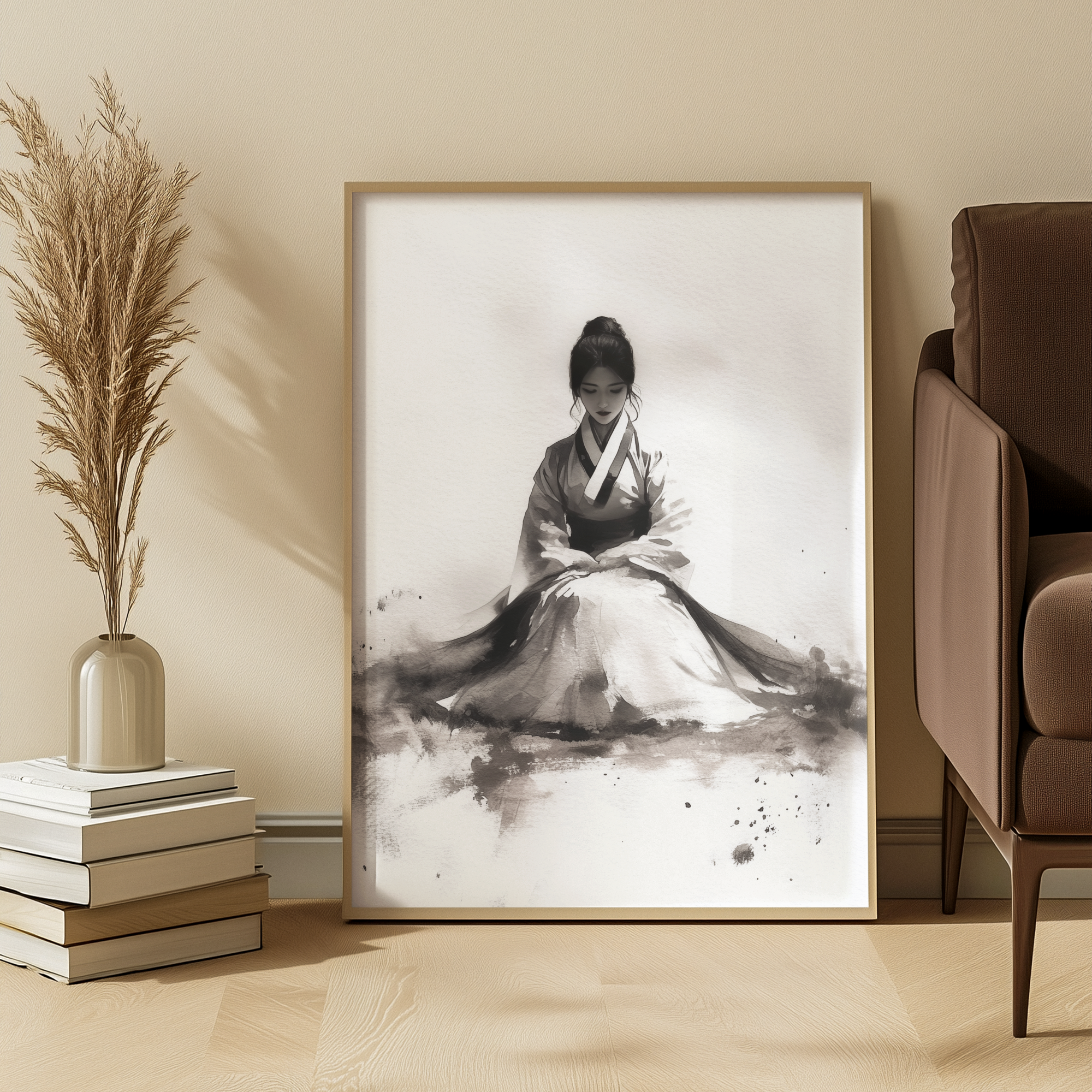 Korean Ink Portrait Art Print: Monochrome Traditional Hanbok Woman
